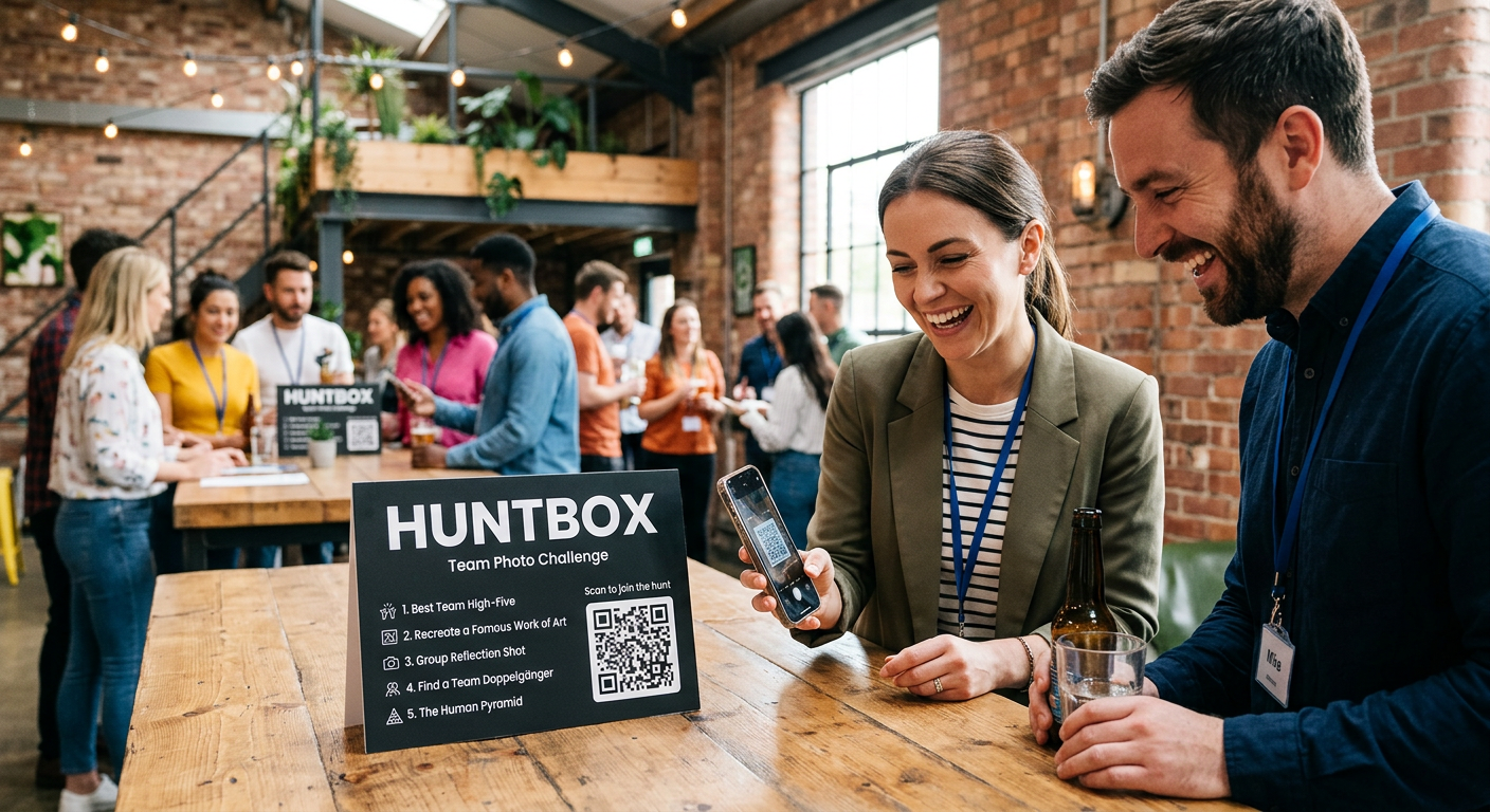Colleagues scanning a HuntBox team photo challenge card at a team event
