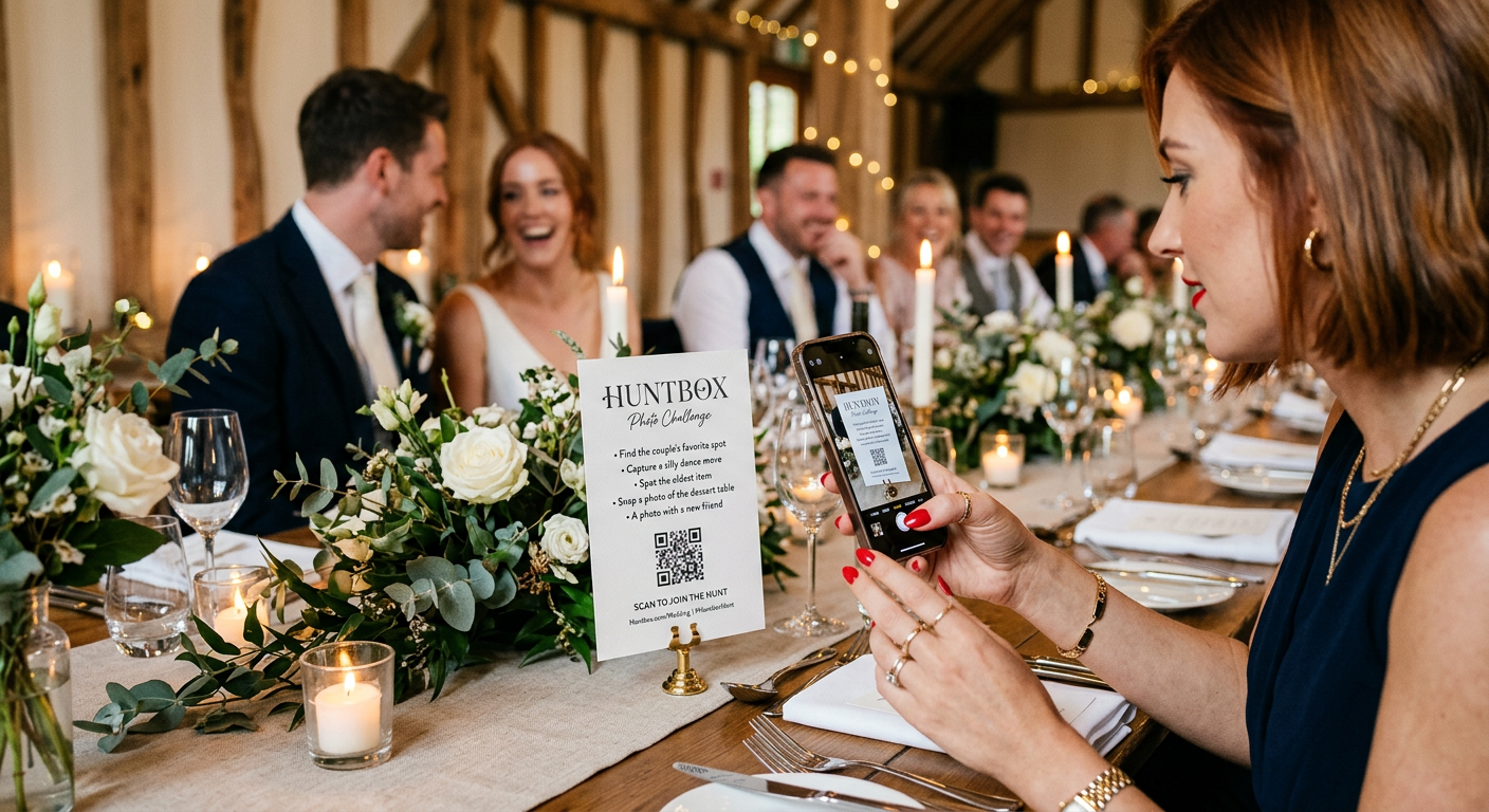 A wedding guest scanning a HuntBox photo challenge card at a reception table